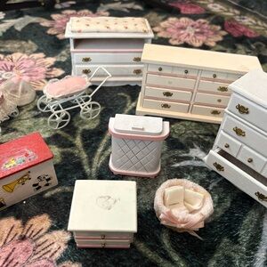 HELD FOR Arlene only |Miniature White and Pink Dollhouse Furniture Set | vintage